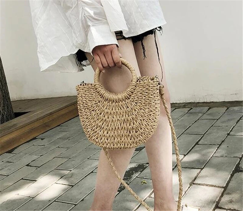 Yogodlns Handmade Half-Round Rattan Woven Straw Bag Summer Women Messenger Crossbody Bags Girls Small Beach Handbag New