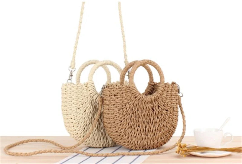 Yogodlns Handmade Half-Round Rattan Woven Straw Bag Summer Women Messenger Crossbody Bags Girls Small Beach Handbag New