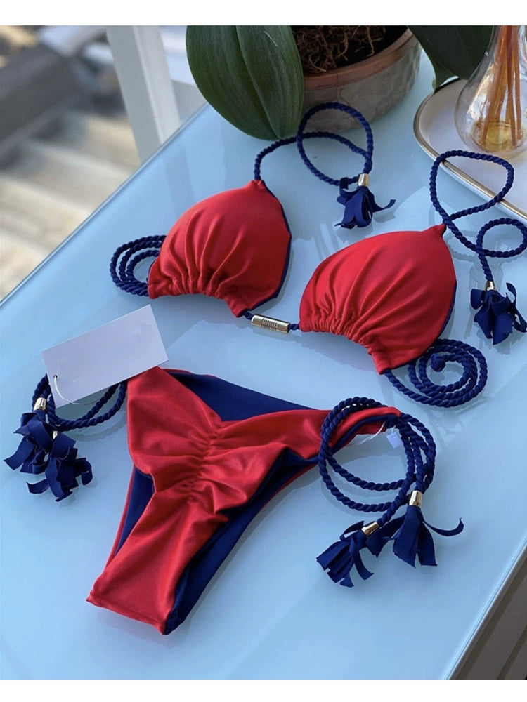 2023 Fashion Ins Sexy Bikini Separates Swimsuit Triangle Lace-up Contrast-Color Beach Seaside Bikini Swimsuit