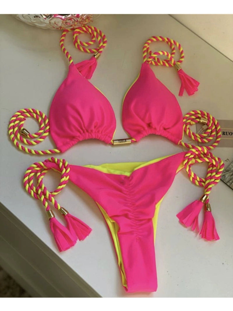 2023 Fashion Ins Sexy Bikini Separates Swimsuit Triangle Lace-up Contrast-Color Beach Seaside Bikini Swimsuit
