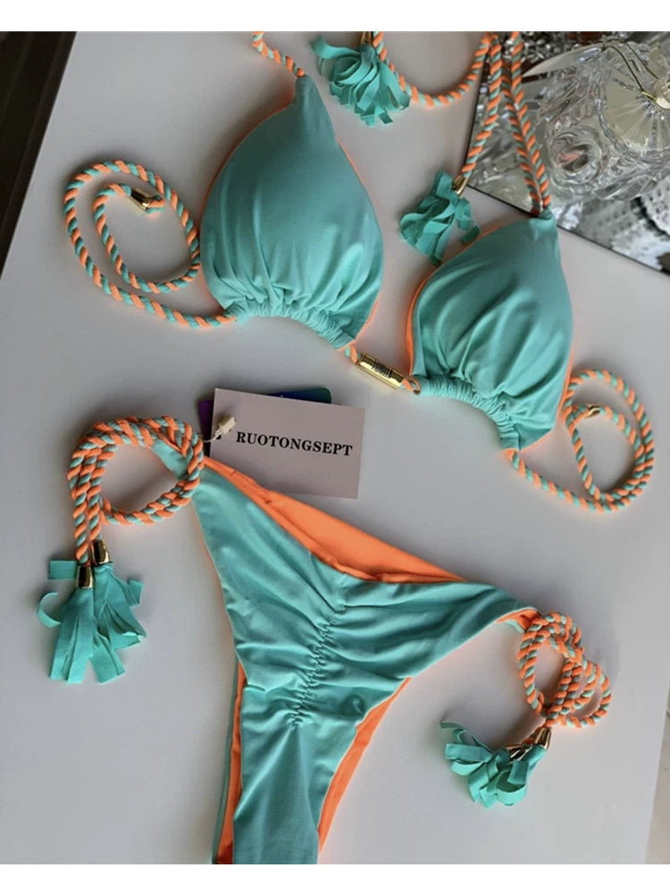 2023 Fashion Ins Sexy Bikini Separates Swimsuit Triangle Lace-up Contrast-Color Beach Seaside Bikini Swimsuit