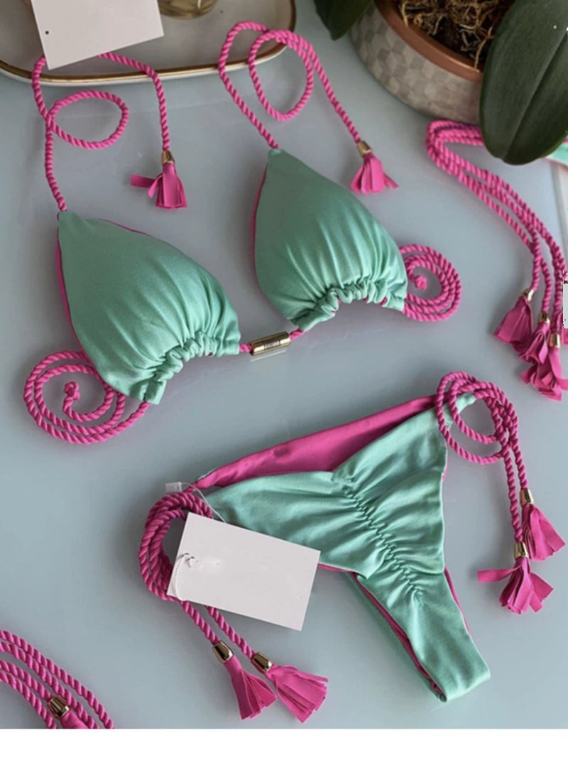 2023 Fashion Ins Sexy Bikini Separates Swimsuit Triangle Lace-up Contrast-Color Beach Seaside Bikini Swimsuit